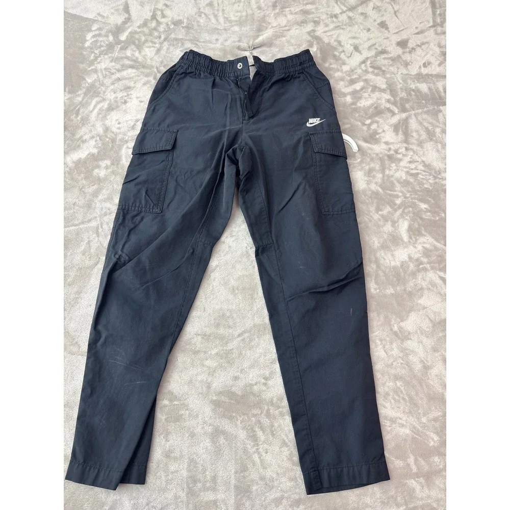 Nike Mens Black Cotton Nylon Cargo Pants Elastic Waist Swoosh Logo Small 1510